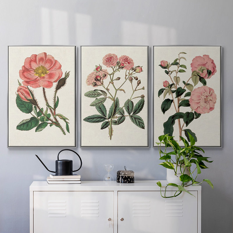 «Pink Floral Mix IV», ensemble de 3 pièces encadrées sur toile, Argent, H 40 po x l 78 po