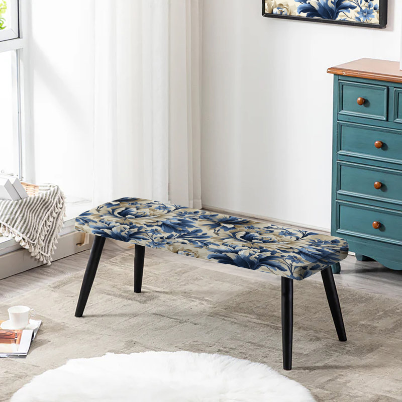 Banc rembourré floral noir Truong, Blue Victorian Ikat Floral Harmony III