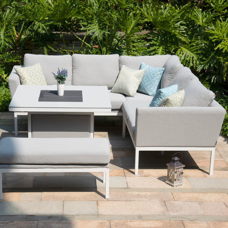 Zuehlke Outdoor Fabric Square Corner Dining Set - with Fire pit Table, Light Grey/White