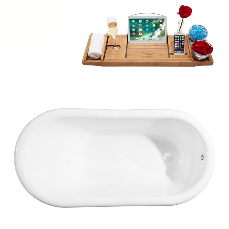 Baignoire de trempage sur pattes 60 "avec drain, pattes et plateau en bambou 60" Streamline, Blanc lustré, Blanc lustré