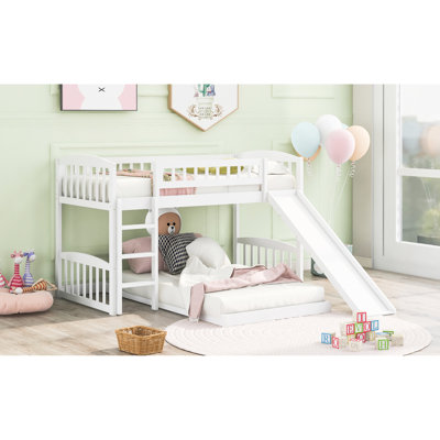 Twin Over Bunk Bed In White, Comes With Slide And Reversible - Side , Solid Pine Frame Board, Space Saving Option For Bedrooms, Gray Style Features, 18 Support Slats White Adjustable Placement,