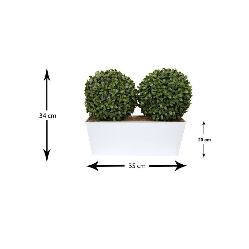 GreenBrokers Artificial Double Ball Boxwood in Straight Black Tin Window Box 35cm/14in, White