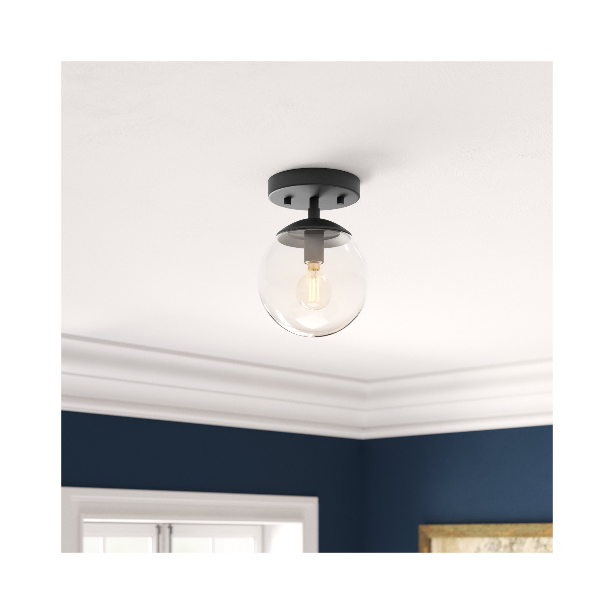 Single Light Glass Flush Mount, Matte Black