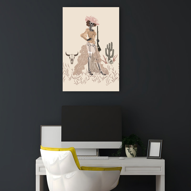 Elegant Skeleton Cowgirl Elegant Gothic Vintage Bull Cactus Landscape Nature Wall Art Print 1 Piece Wrapped Canvas Wall Art