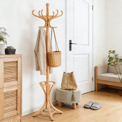 Portemanteau autoportant en bois avec 12 crochets et porte-parapluie