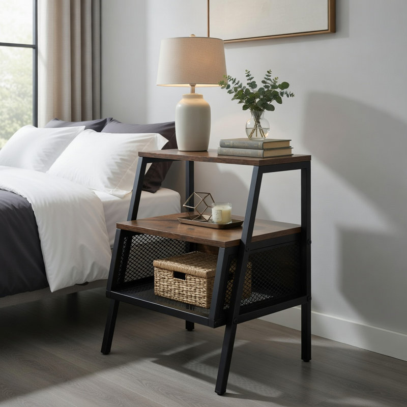 Table de chevet industrielle à 3 niveaux avec tablette en filet métallique et pieds réglables, table de bout pour la chambre à coucher ou le salon, brun rustique et noir