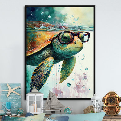 Turtle With Glasses In The Ocean II - Turtle Wall Art