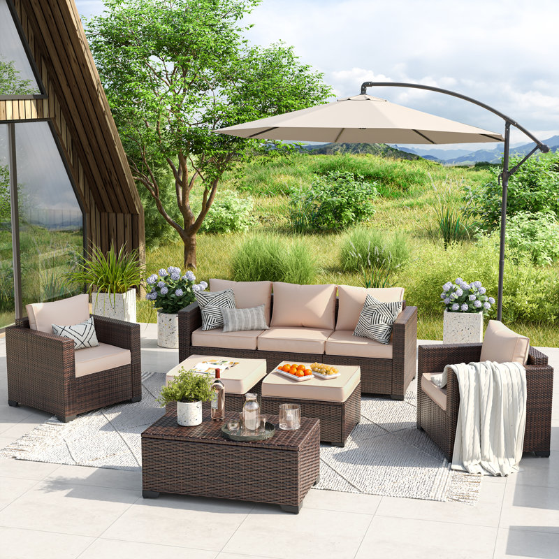 Wicker Sofa Seating Group with Storage Deck Box and Ottomans, Beige