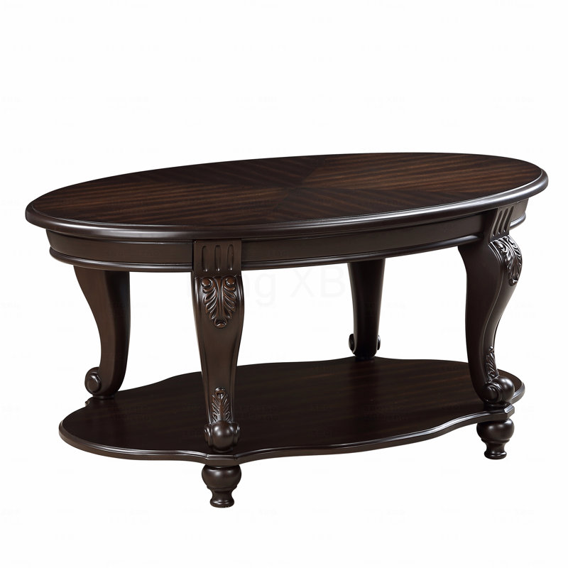 Table basse ovale en bois de 42 po pour table de salon à 2 niveaux en bois massif avec tablettes de rangement ouvertes