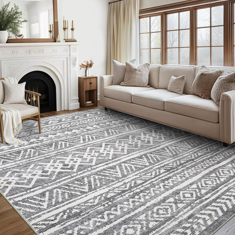 Washable Bedroom Rug Non-Slip Low Pile Stain-Resistant Soft Foldable Lightweight Modern Accent Rug Living Room Playroom Beige & Gray