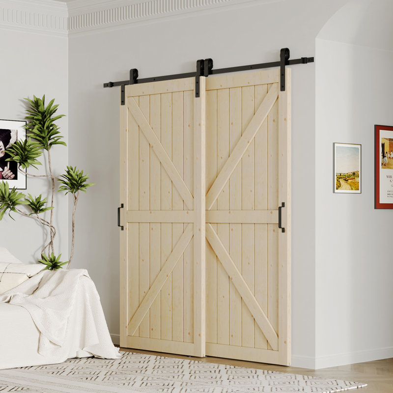Porte de grange coulissante - Ensemble de quincaillerie en bois de pin massif préfini naturel de style K avec contournement noir