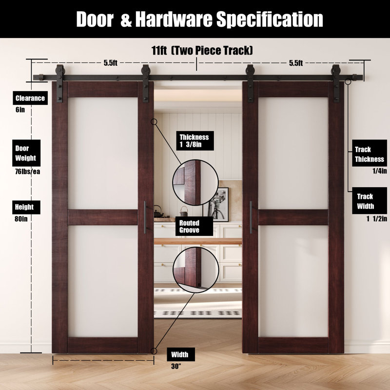 Portes de grange non assemblées et finies en verre avec 2 pièces de 30 po x 80 po Homacer Red Homacer, 30 po x 80 po
