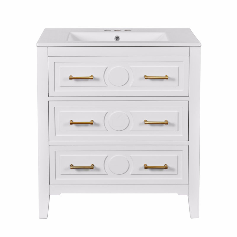 Ensemble de meuble-lavabo avec lavabo en céramique, ensemble de meuble-lavabo simple autoportant avec 3 tiroirs, armoire de rangement