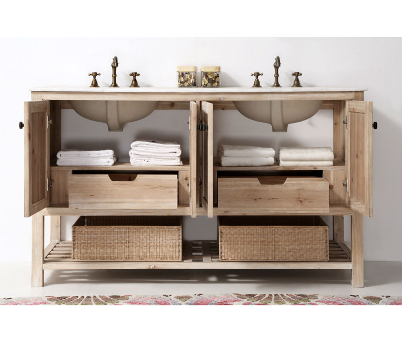 60'' White Wash Fir Wood Double Bathroom Vanity with Marble Top