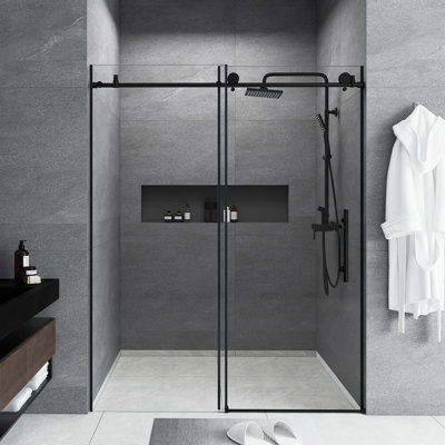 Porte de douche sans cadre l 56 à 60 po x H 76 po | Simple coulissant | Verre trempé transparent de 1/4 po avec film antidéflagrant | Poignée en acier inoxydable | Noir mat
