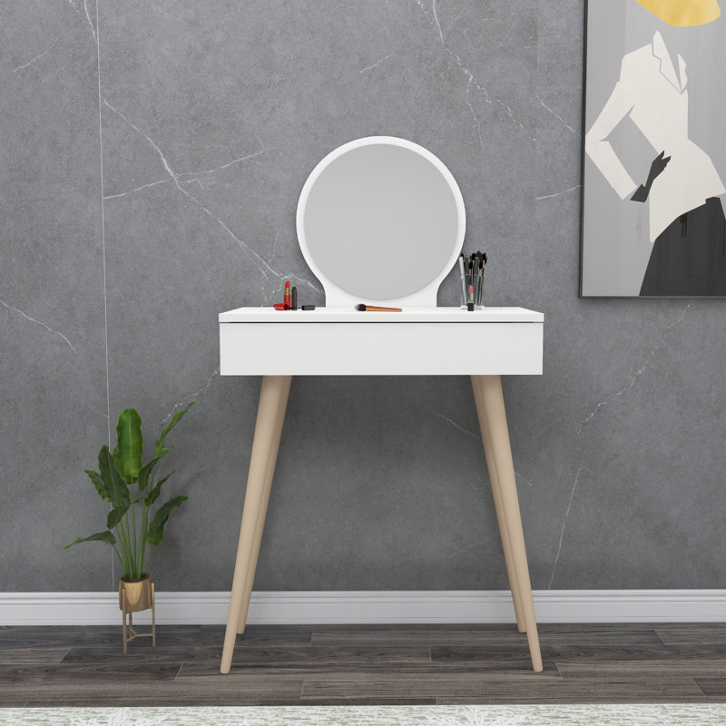 Kristina 72cm Dressing Table with Round Mirror and Drawer, White