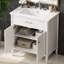 Meuble-lavabo blanc 31 po avec lavabo, fonctionnalité de fermeture en douceur, tablette réglable, conception incurvée, pieds en bois d'hévéa, poignées dorées mates, portes d'armoire compactes, tablettes intérieures,-1204839058
