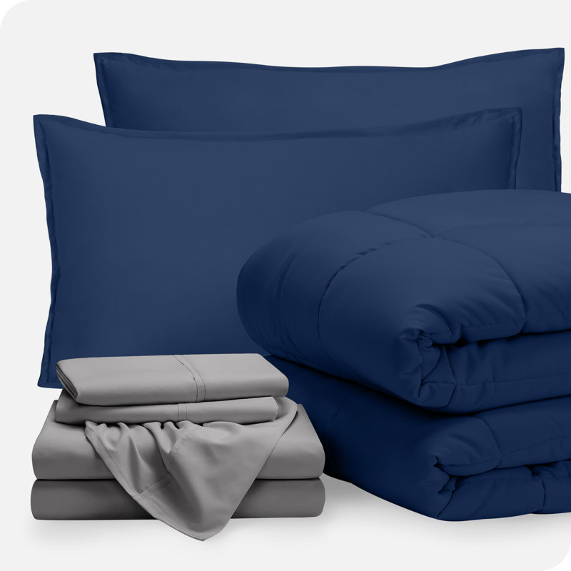 Microfiber Bed-In-A-Bag, Dark Blue/Light Gray, Queen Comforter + 6 Additional Pieces