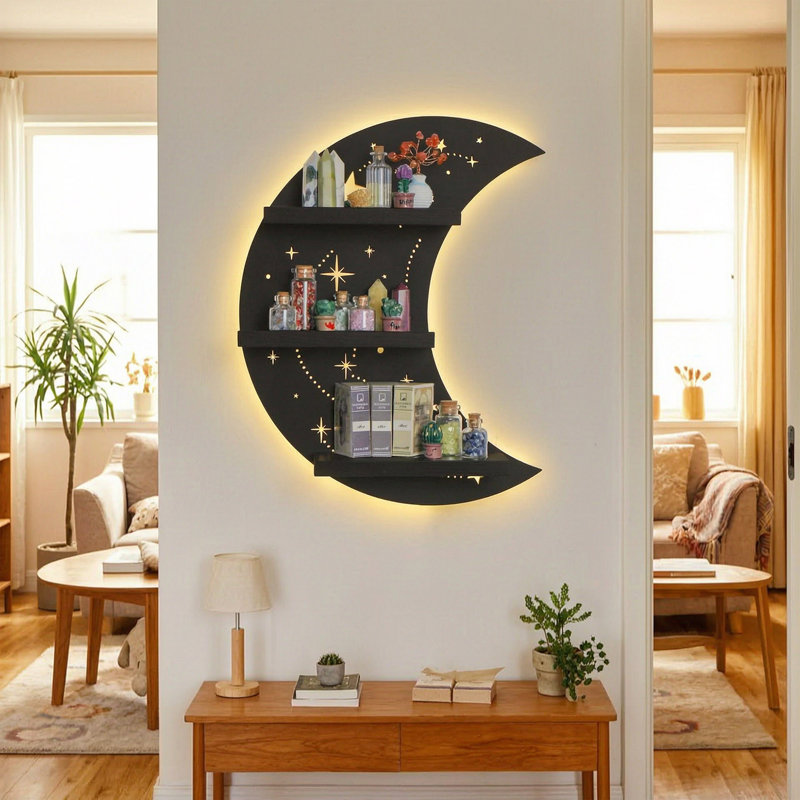 Tablette murale Crescent Moon avec lumière DEL, 3 tablettes célestes pour cristaux, bibelots et décor