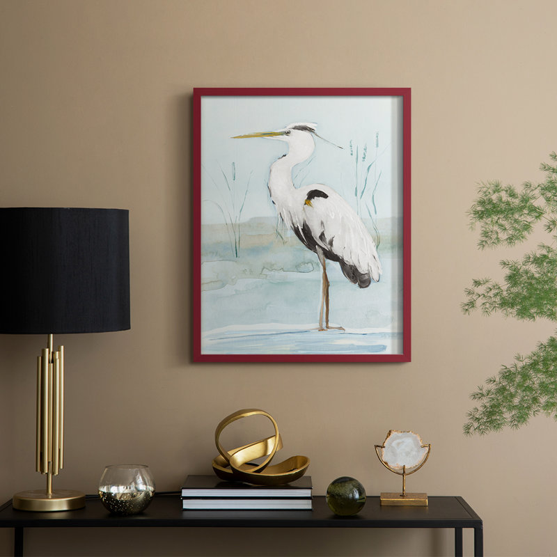 Heron on Blue II, reproduction encadrée - bois massif, H 11 po x l 9 po, Rouge