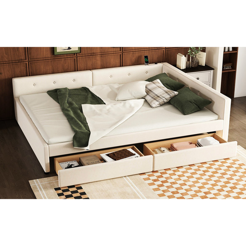 Grand lit tapissier avec port et 2 tiroirs en mite, plateforme beige et fermeture en douceur, Grand lit