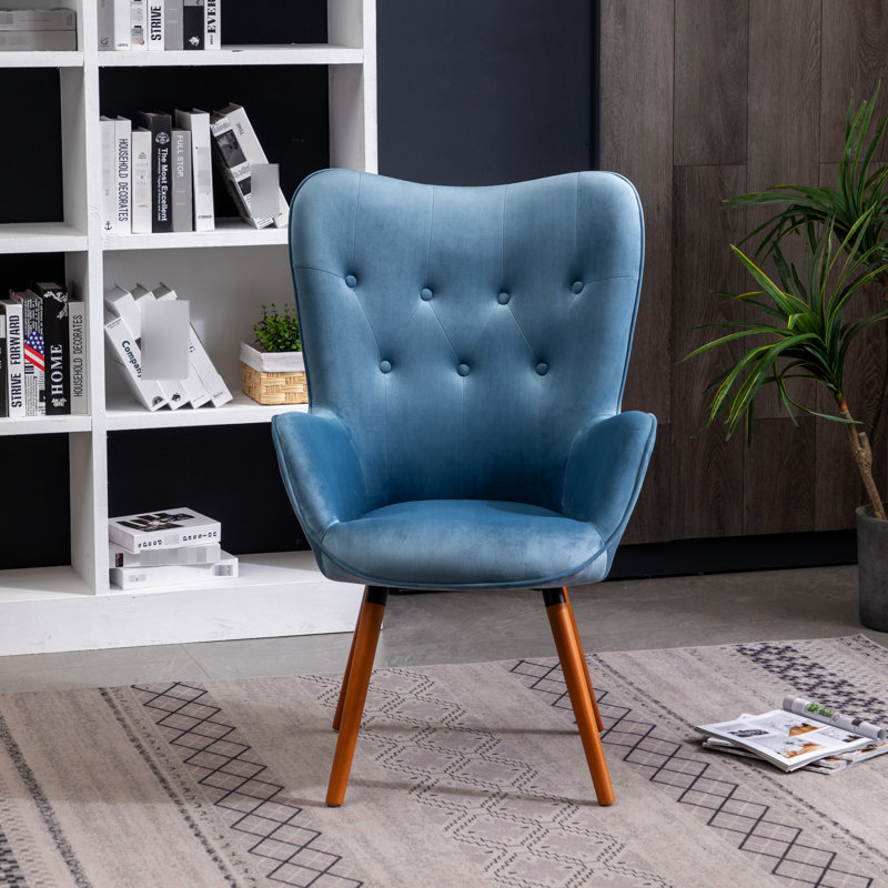 Chaise à dossier bleu en velours avec pieds en bois massif et capitonnage en velours soyeux, Bleu