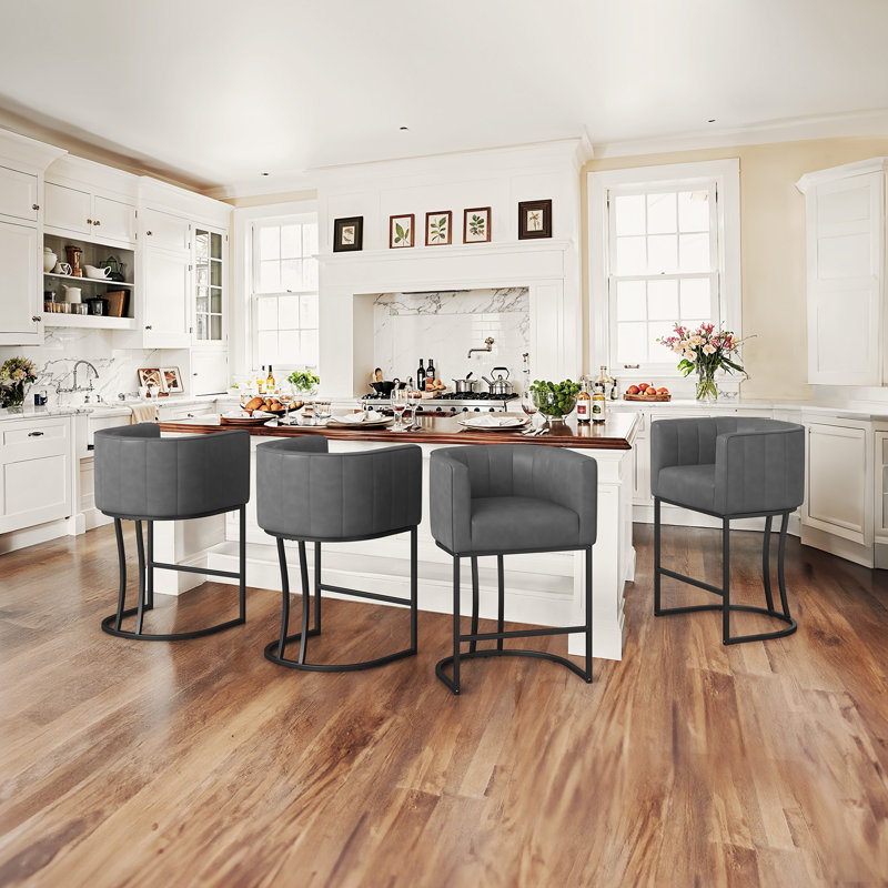 Chyanne 26.4" H Modern Barrel Counter Stools With Backrest & Arms - Upholstered Kitchen Island Stools, Metal Legs, Waterproof Fabric