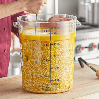 Vigour 22 Qt. Clear Round Polycarbonate Food Storage Container With Blue Gradations – NSF Listed, Dishwasher Safe, Stackable