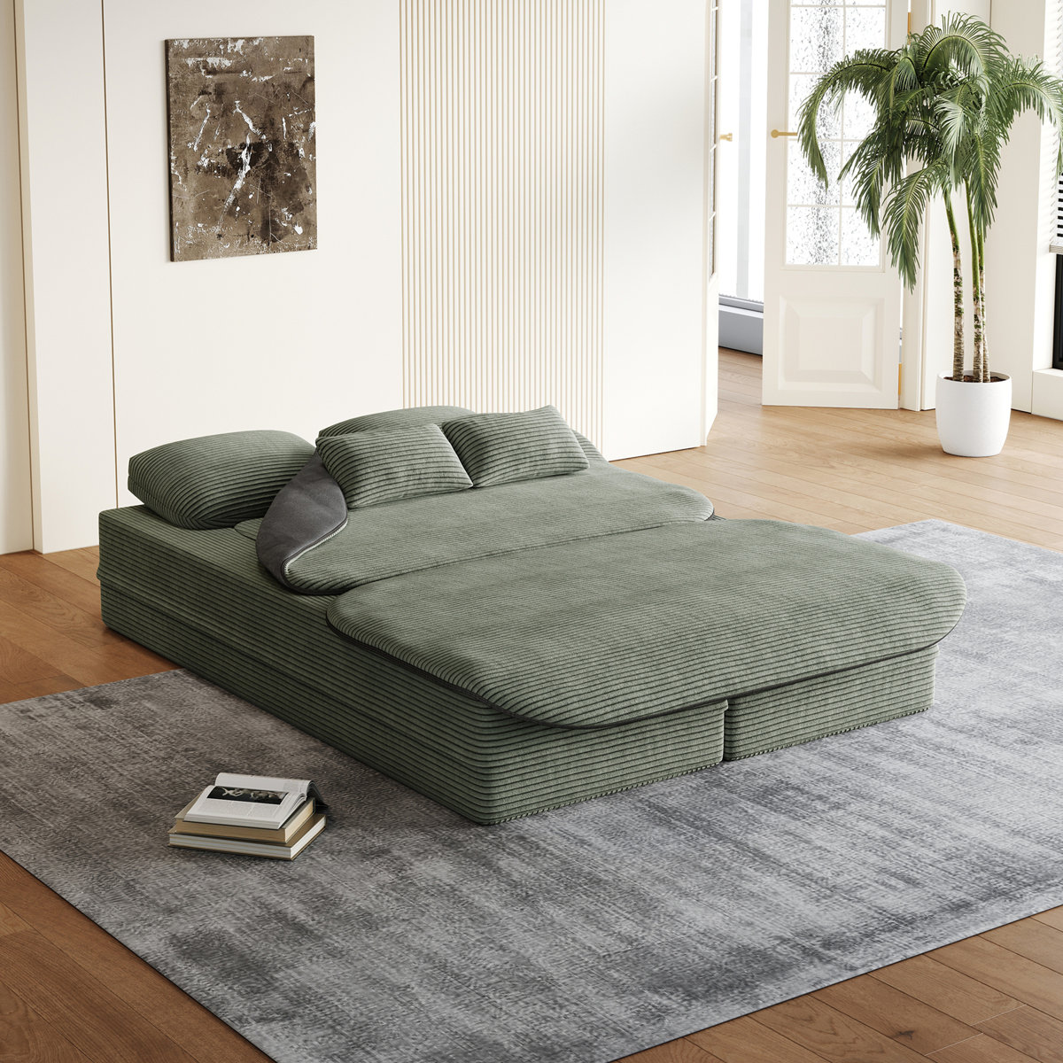 Mikali Foldable Corduroy Sleeper Sofa with Built-in Blanket & 4 Pillows