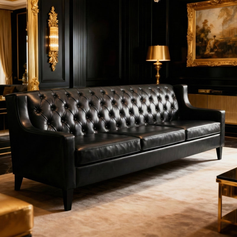 78.75" Tufted Faux Leather 3-Seater Sofa PU Chesfield Sofa, Black
