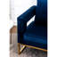 Fauteuil bleu luxueux - revêtu de velours fin, de structure métallique, carré, avec accoudoirs confortables pour une détente