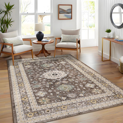 8x10 Washable Area Rug for Bedroom Living Room Farmhouse Distressed Rugs Oriental Vintage Rugs Non Slip Stain Resistant Floor Carpet for Dinning Room Brown