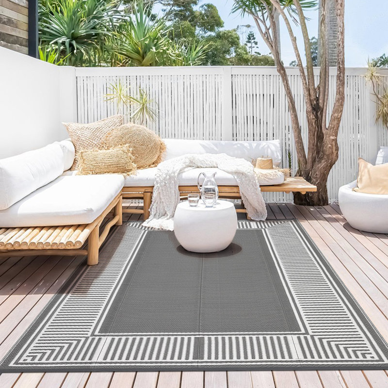 10x14ft Gray White Waterproof Reversible Outdoor Plastic Mat, UV Resistant Lightweight Collapsible Easy Clean Floor Rug for Patio Garden Camping Porch Deck Balcony