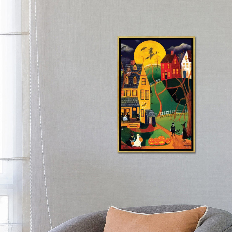 Impression d’art graphique, "Halloween Trick or treat" par Cheryl Bartley, H 26 po x l 18 po x 1,5 po, Toile encadrée d'or