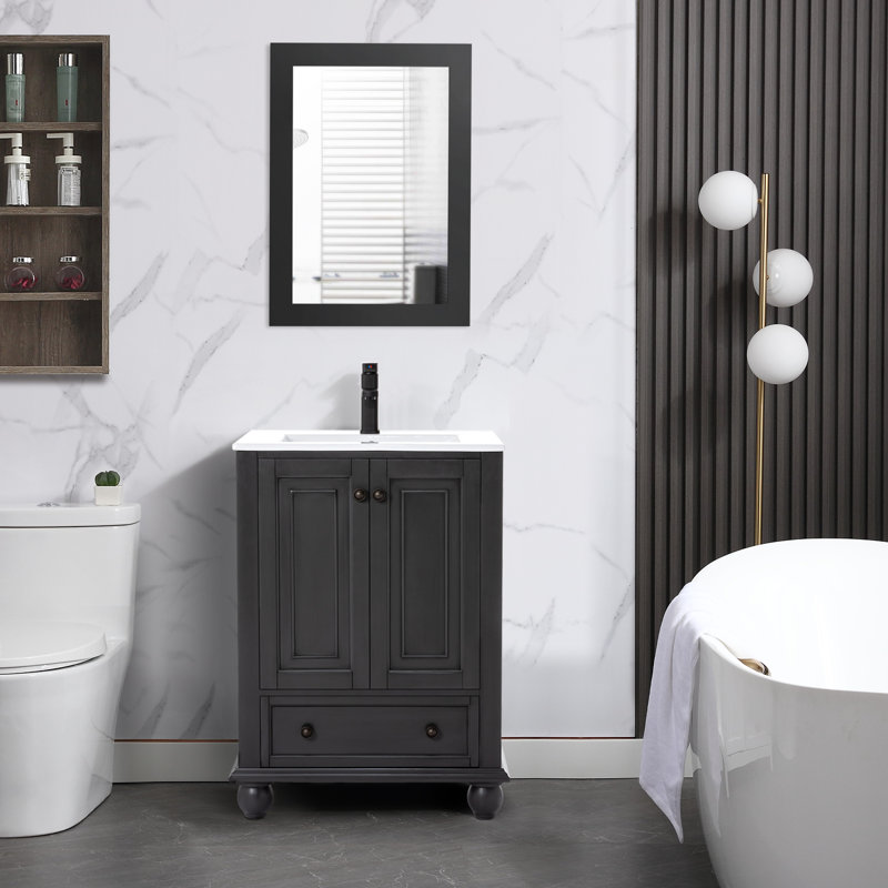 BV039 24" Single Bathroom Vanity with Sink Top, Solid Wood Bun Feet, Gray