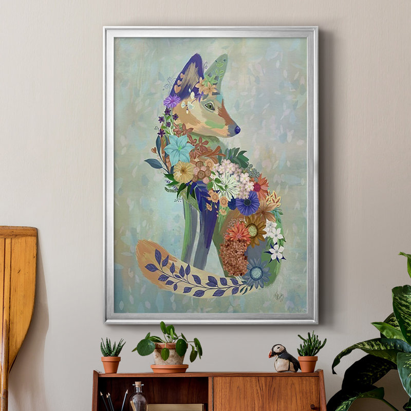 «Fantastic Florals Fox», reproduction encadrée de qualité supérieure - prête à être accrochée, Argent