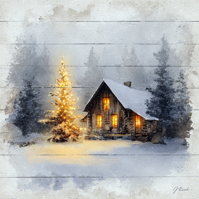 Rustic Cabin Winter Lights and Snowfall Wrapped Canvas Wall Art, 12" H x 12" W