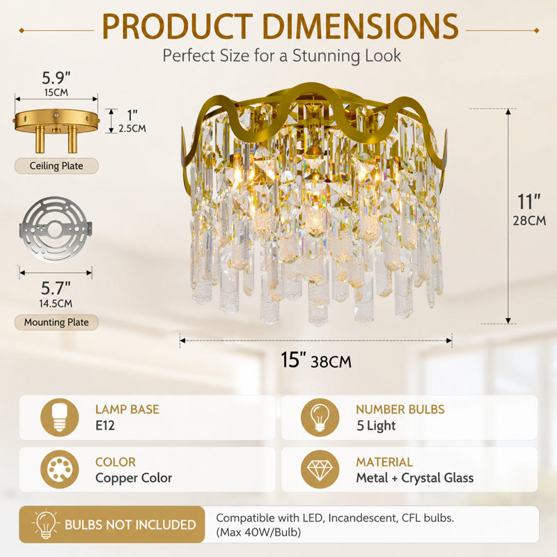 Plafonnier moderne encastré en cristal K9 doré de 38 cm (15 po), lustre à 5 lumières près du plafond, lampe de plafond ronde en cristal plaqué cuivre pour chambre, salle à manger, couloir, cuisine, entrée