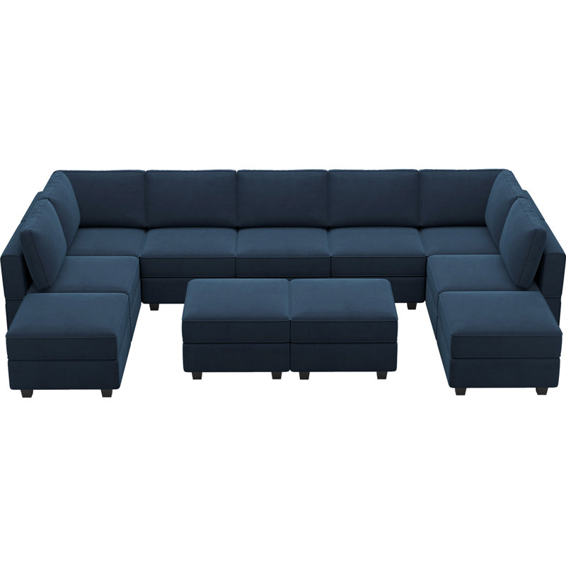 Wylodene 143'' U-Shaped Modular Velvet Sectional Upholstered Storage Sofa, Blue Velvet