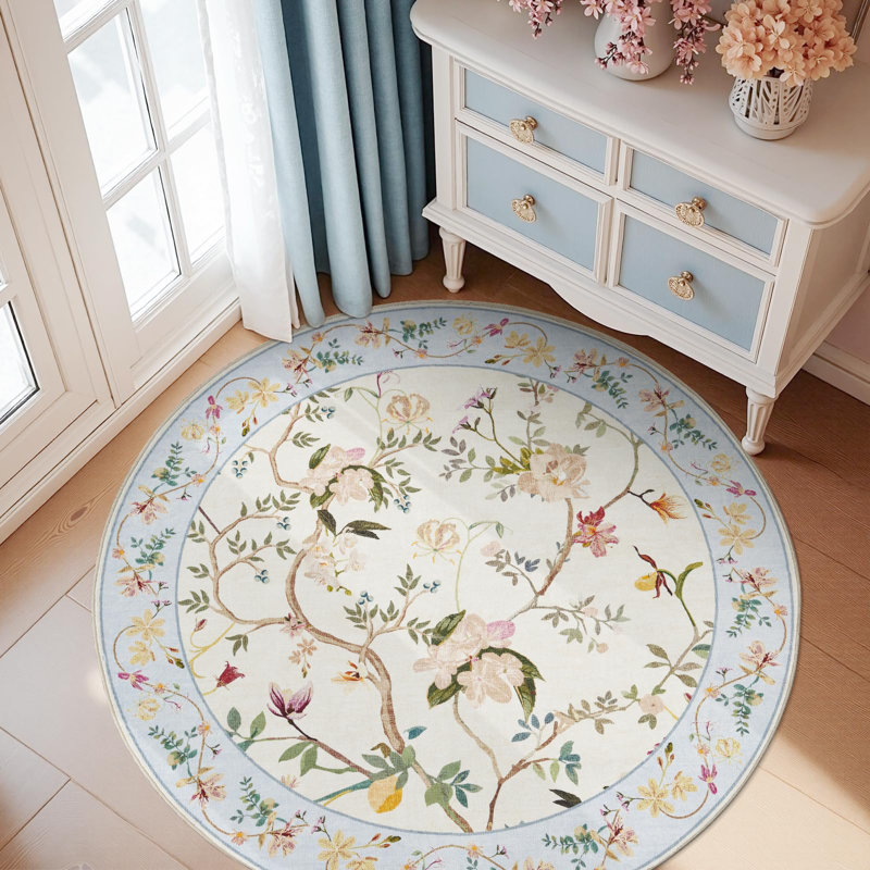 Chinoiserie Carpet Vintage Floral Rug Washable Non-slip Beige/Blue, Round 5', Beige/Blue