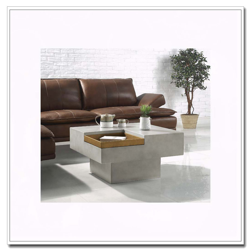 Table basse grise patinée avec plateau carré et base piédestal