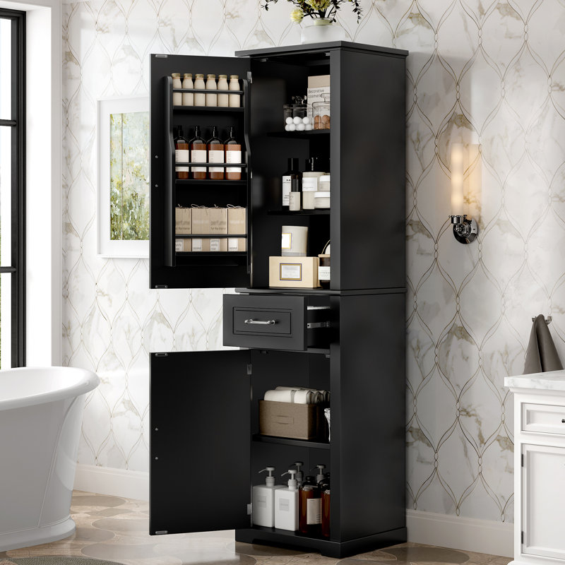 Freestanding Bathroom Storage Cabinet with 2 Different Size Doors and Adjustable Shelf, Black