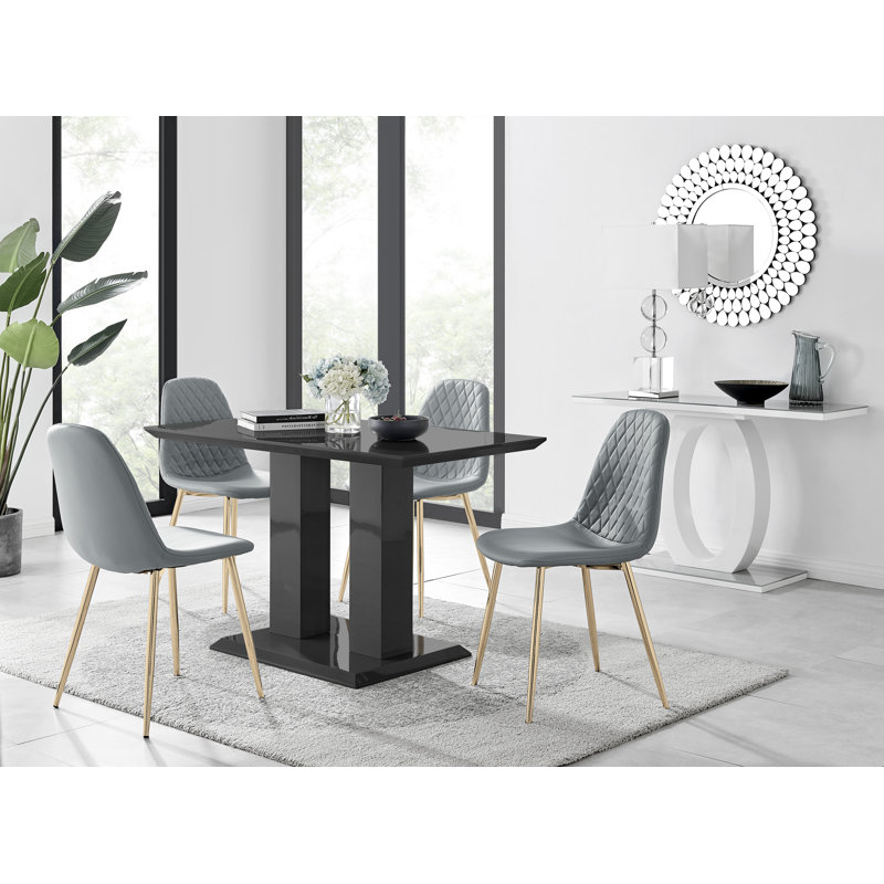 Eubanks High Gloss Double Pillar Dining Table Set with 4 Luxury Faux Leather Dining Chairs, Gray, Black