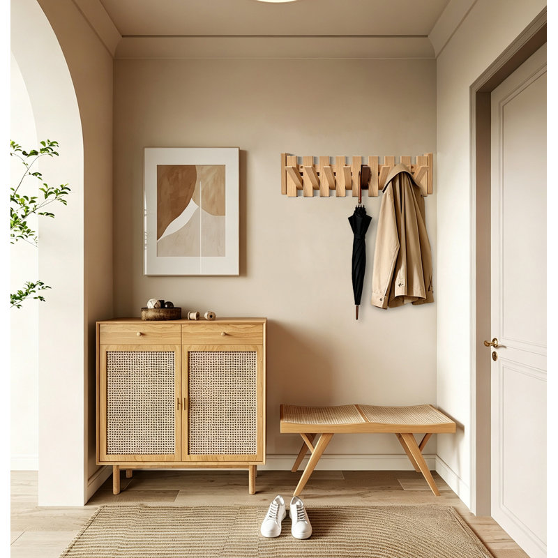Porte-manteau mural en bois à 8 crochets, style piano, pour entrée ou chambre., Naturel
