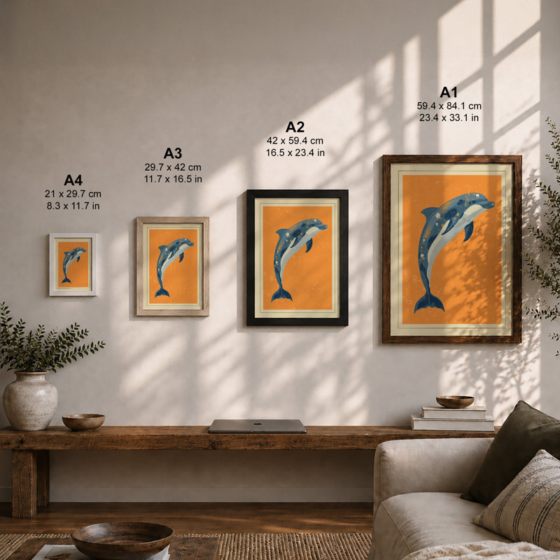 Leaping Dolphin Coastal - Framed Print, A1 - 84.1 x 59.4 cm, Oak