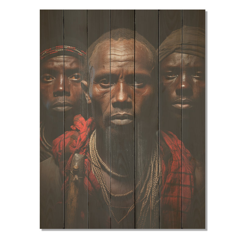 «African Masai Warriors Portrait» - Tribal africain sur bois, H 20 po x l 10 po