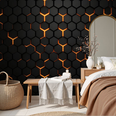 Papier peint adhésif autocollant abstrait en nid d'abeille orange brillant noir H 69 po x l 96 po amovible, papier peint mural en PVC auto-adhésif pour chambre à coucher, bureau à domicile
