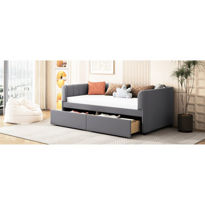 Lit de jour simple en velours gris avec 2 tiroirs ergonomiques et pratiques pour une ambiance détendue
