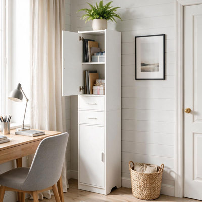 Armoire à linge de salle de bain haute autoportante de 70,87 po de hauteur, tour de rangement étroite pour la salle de bain avec 2 portes, 2 tiroirs et tablettes réglables, armoire de rangement mince pour salle de bain, cuisine, entrée, salon, blanc