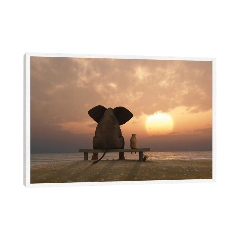 Elephant And Dog Sit On A Summer Beach At Sunset by Mike Kiev - Wrapped Canvas Print, 66.04 cm H x 45.72 cm W